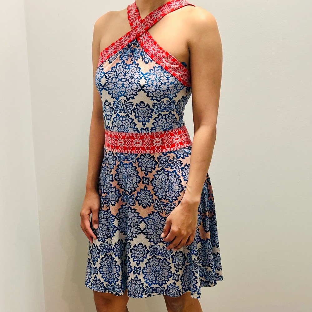 (Almost New) BCBGMaxAzria Criss-Cross Halter Red and Blue Patterned Dress